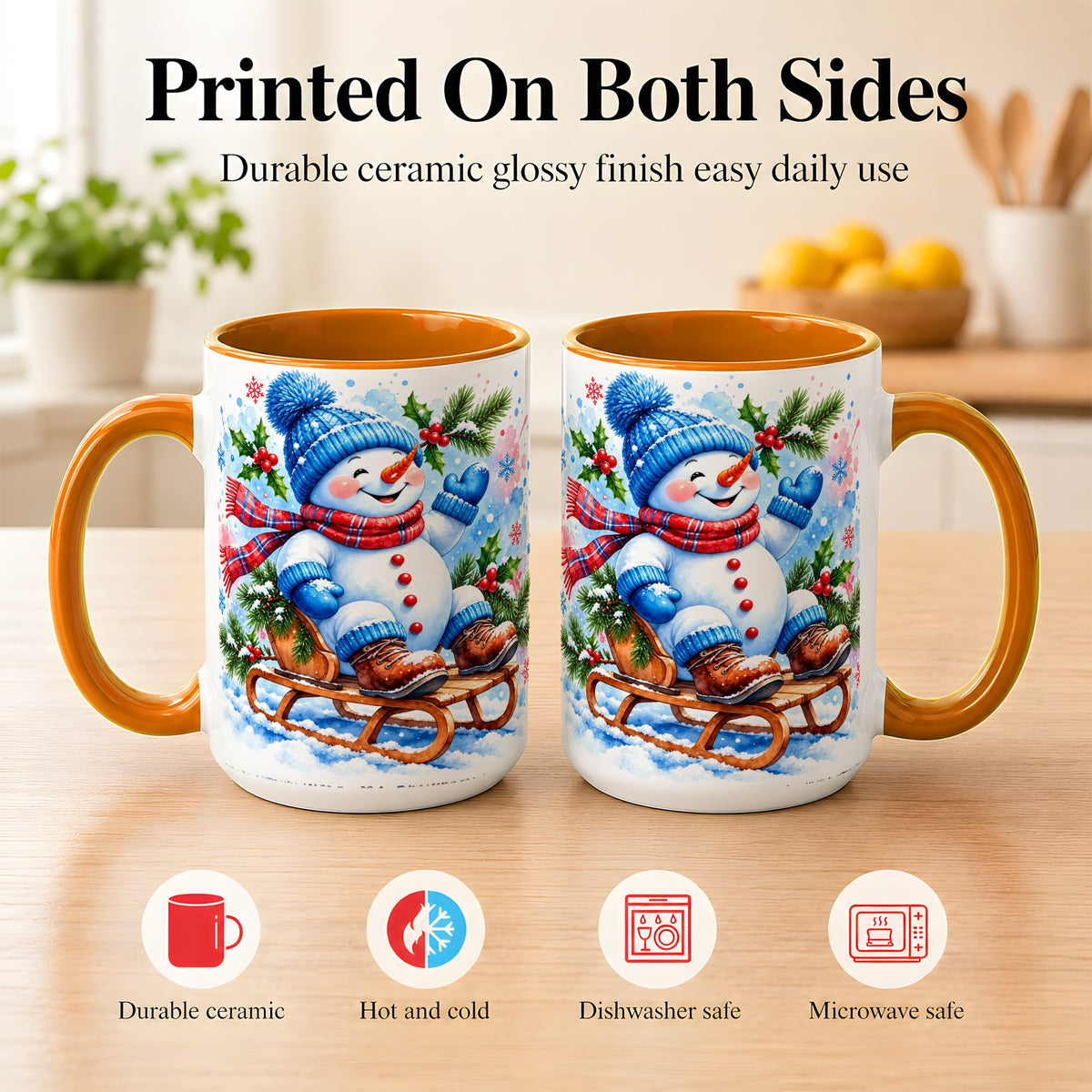 #pl[15oz|Orange] Watercolor Snowman Coffee Mug, Sledding Winter Snowman Mug, Ceramic Cup