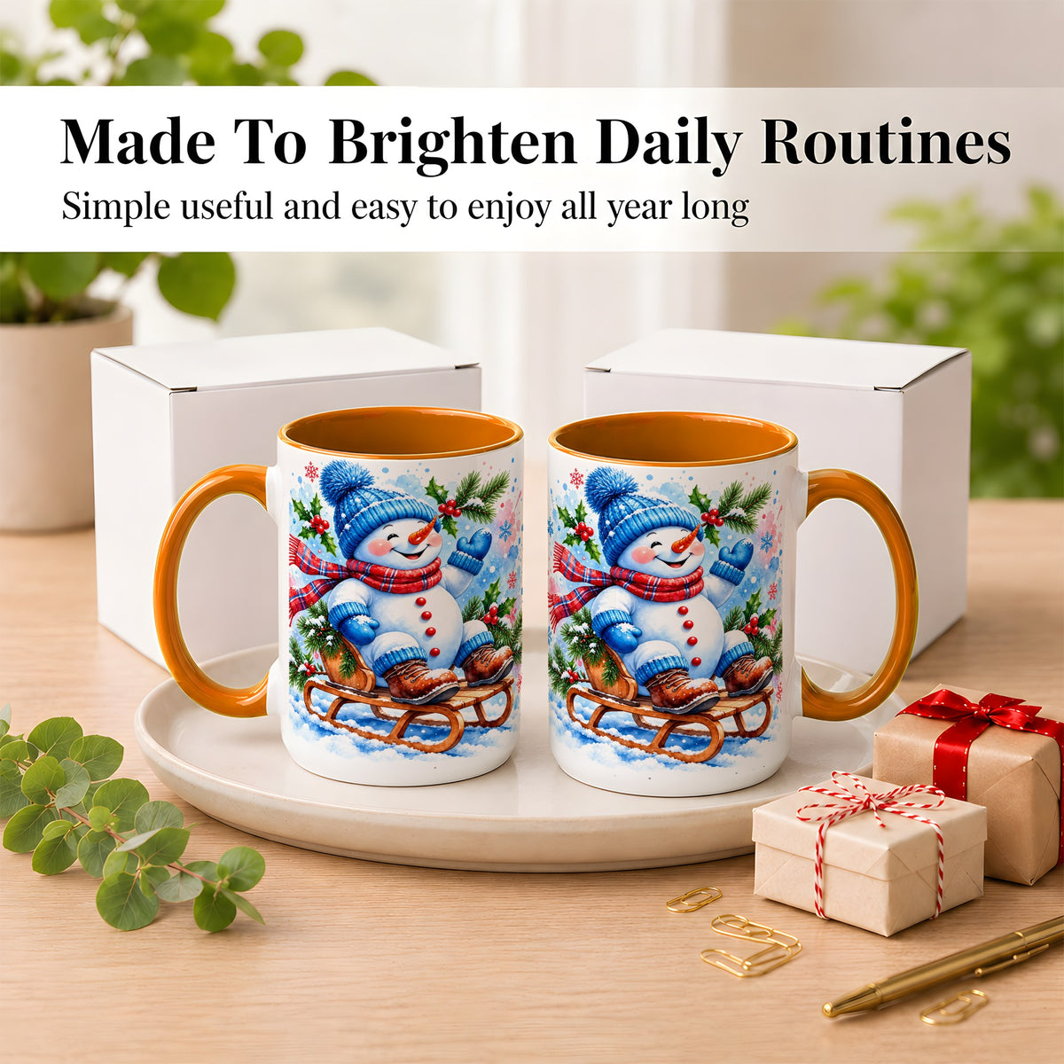 #pl[15oz|Orange] Watercolor Snowman Coffee Mug, Sledding Winter Snowman Mug, Ceramic Cup
