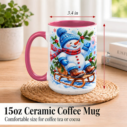 #pl[15oz|Pink] Watercolor Snowman Coffee Mug, Sledding Winter Snowman Mug, Ceramic Cup