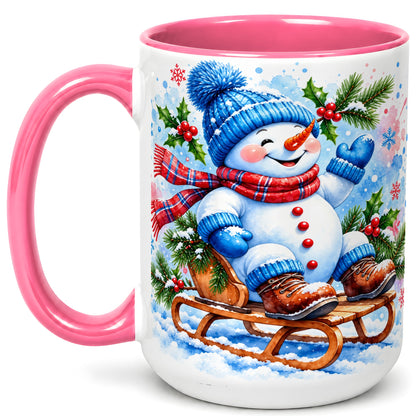 #pl[15oz|Pink] Watercolor Snowman Coffee Mug, Sledding Winter Snowman Mug, Ceramic Cup