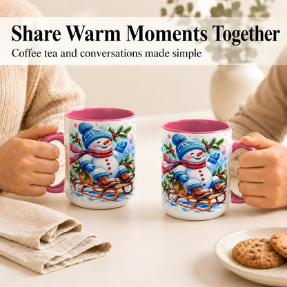 #pl[15oz|Pink] Watercolor Snowman Coffee Mug, Sledding Winter Snowman Mug, Ceramic Cup