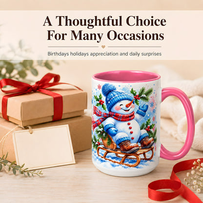 #pl[15oz|Pink] Watercolor Snowman Coffee Mug, Sledding Winter Snowman Mug, Ceramic Cup