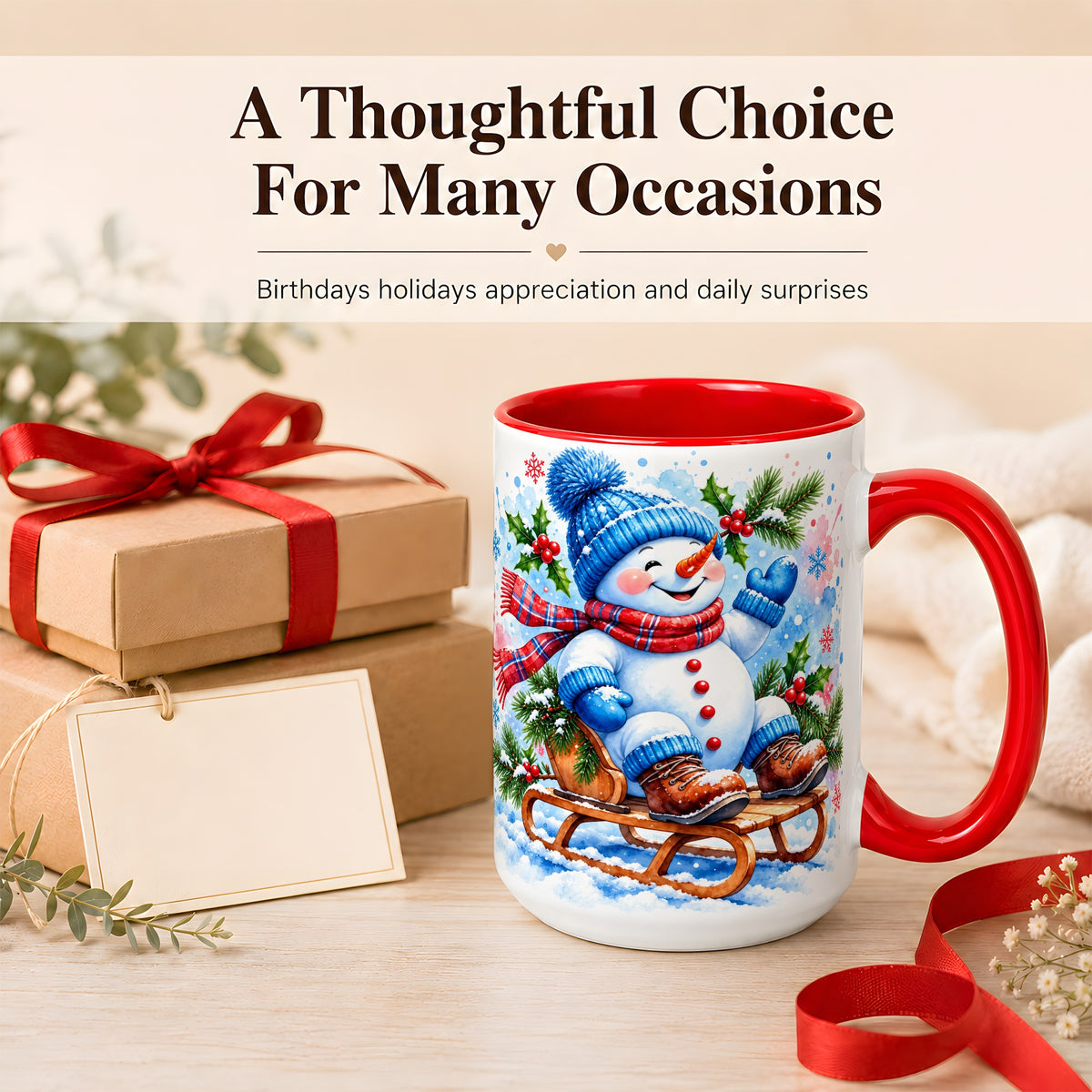 #pl[15oz|Red] Watercolor Snowman Coffee Mug, Sledding Winter Snowman Mug, Ceramic Cup