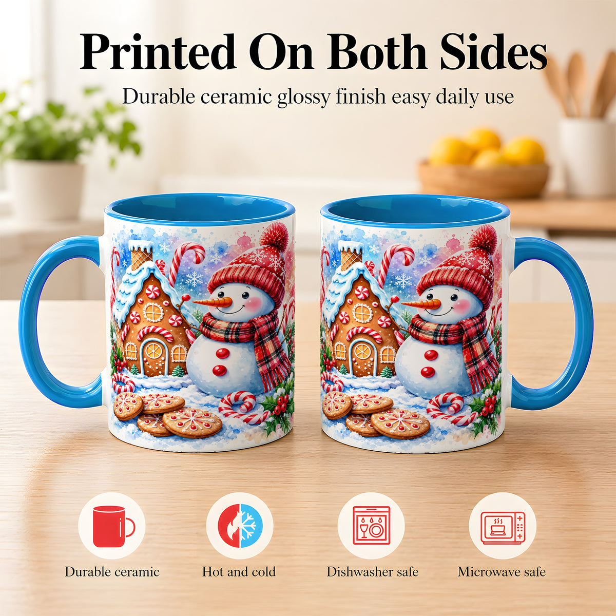 #pl[11oz|Blue] Snowman Gingerbread Coffee Mug, Candy Cane Mug, Winter Ceramic Cup