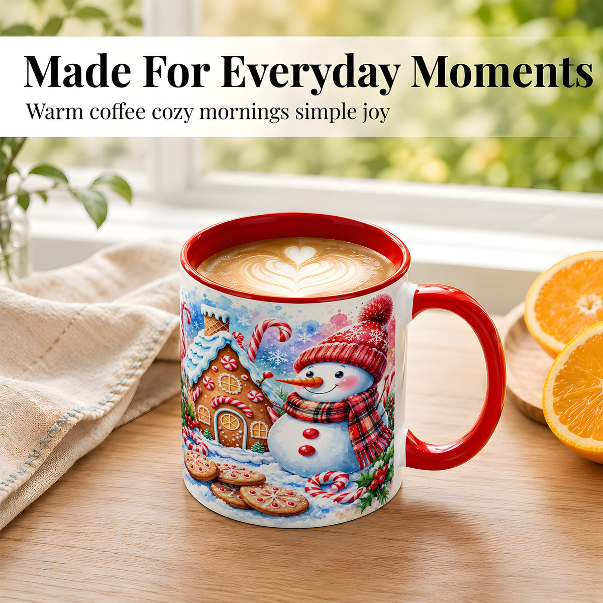 #pl[11oz|Red] Snowman Gingerbread Coffee Mug, Candy Cane Mug, Winter Ceramic Cup