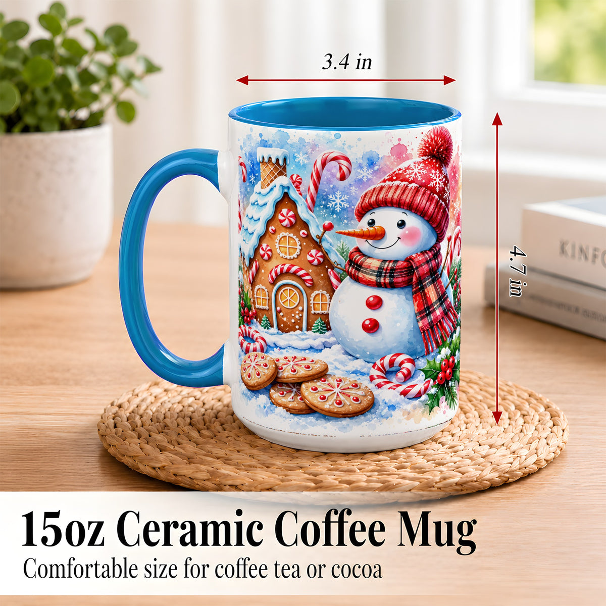 #pl[15oz|Blue] Snowman Gingerbread Coffee Mug, Candy Cane Mug, Winter Ceramic Cup