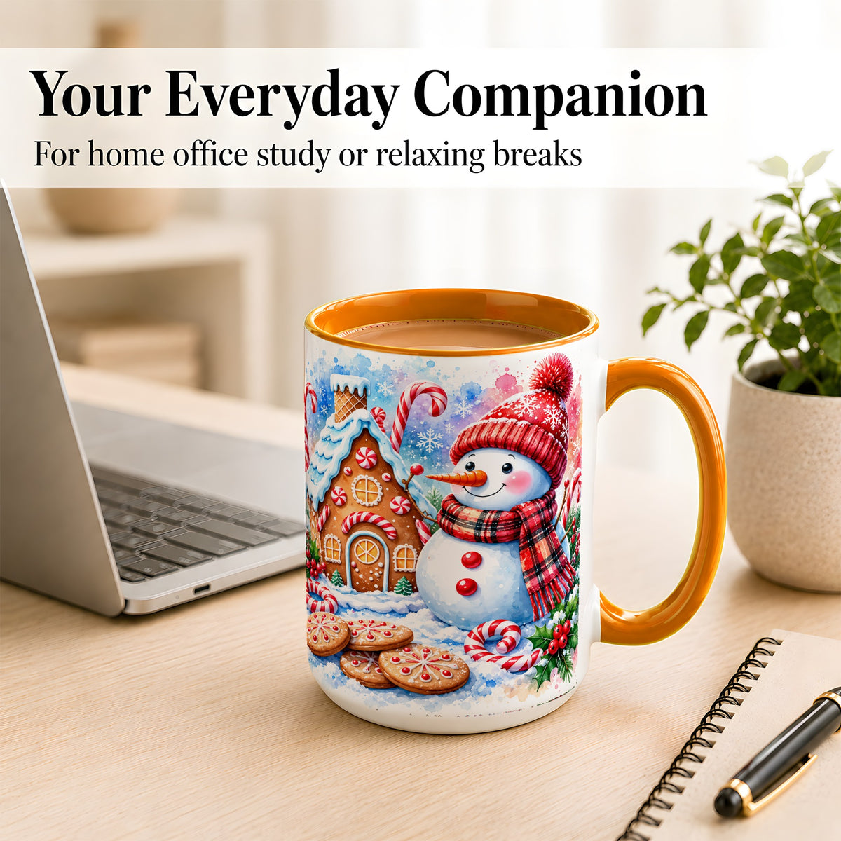 #pl[15oz|Orange] Snowman Gingerbread Coffee Mug, Candy Cane Mug, Winter Ceramic Cup