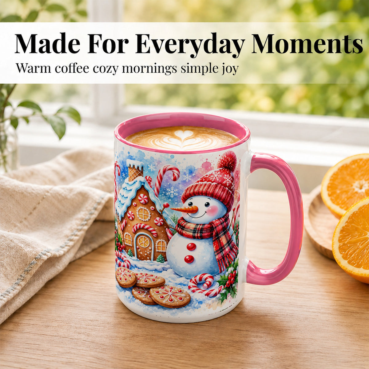 #pl[15oz|Pink] Snowman Gingerbread Coffee Mug, Candy Cane Mug, Winter Ceramic Cup