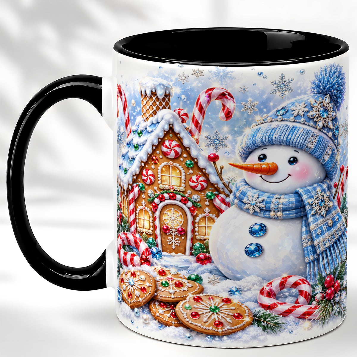 #pl[11oz|Black] Blue Snowman Gingerbread Coffee Mug, Jeweled Winter Mug, Ceramic Cup