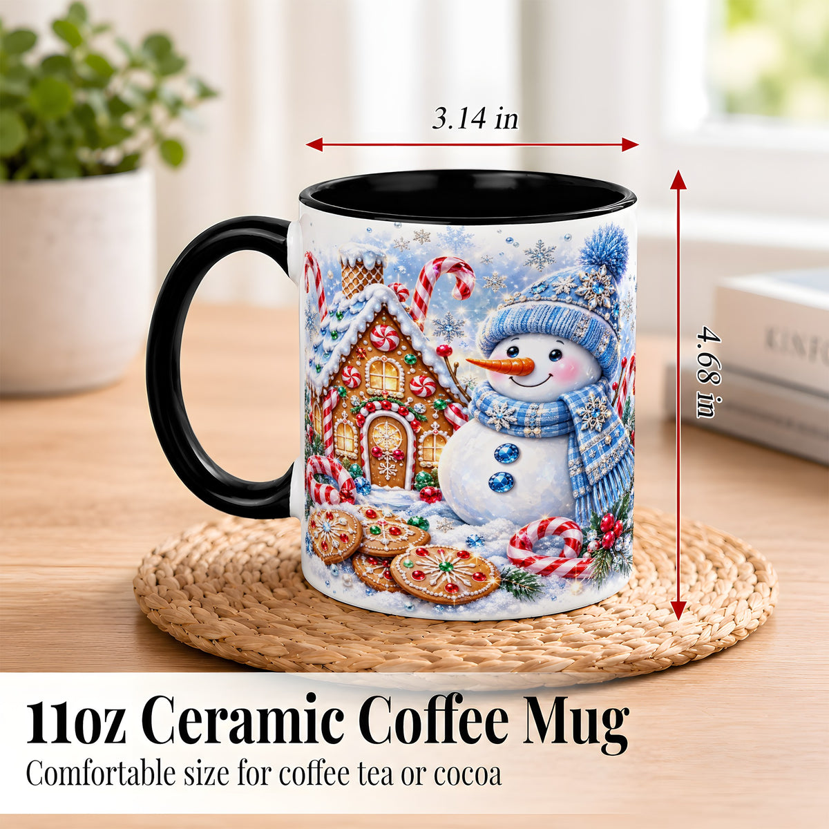 #pl[11oz|Black] Blue Snowman Gingerbread Coffee Mug, Jeweled Winter Mug, Ceramic Cup