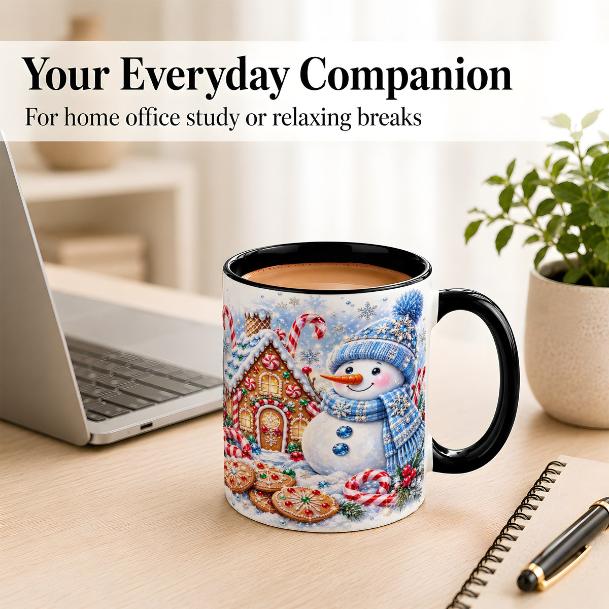 #pl[11oz|Black] Blue Snowman Gingerbread Coffee Mug, Jeweled Winter Mug, Ceramic Cup