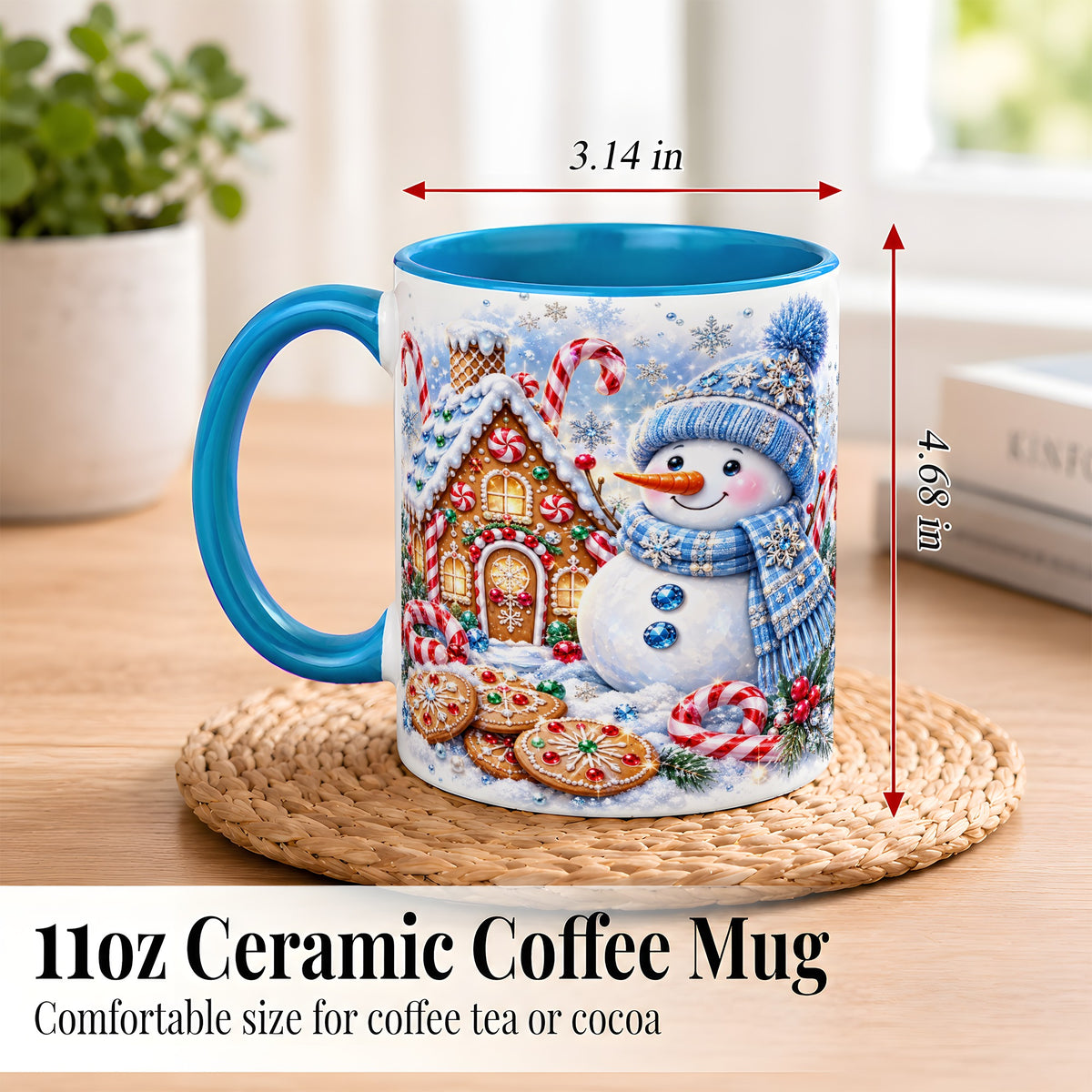 #pl[11oz|Blue] Blue Snowman Gingerbread Coffee Mug, Jeweled Winter Mug, Ceramic Cup