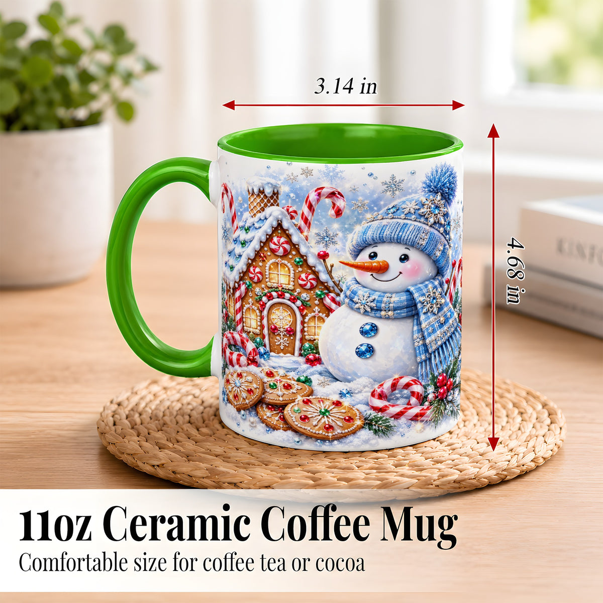 #pl[11oz|Green] Blue Snowman Gingerbread Coffee Mug, Jeweled Winter Mug, Ceramic Cup