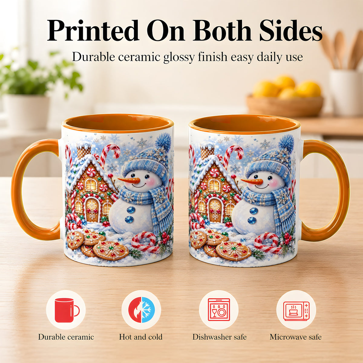 #pl[11oz|Orange] Blue Snowman Gingerbread Coffee Mug, Jeweled Winter Mug, Ceramic Cup