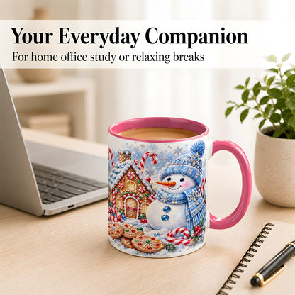 #pl[11oz|Pink] Blue Snowman Gingerbread Coffee Mug, Jeweled Winter Mug, Ceramic Cup