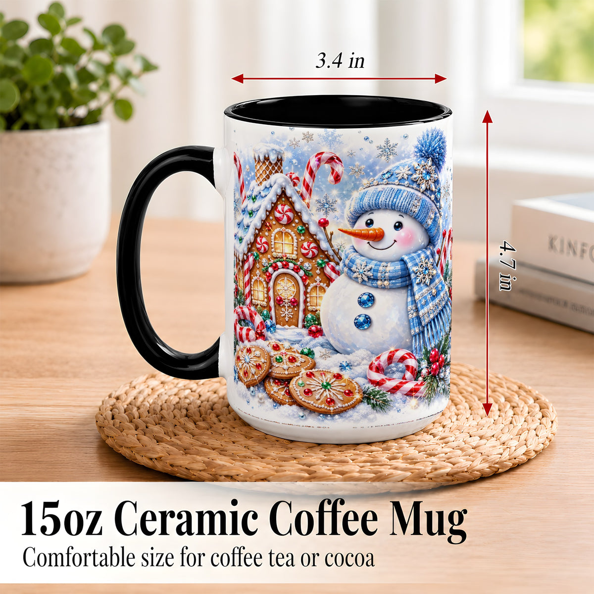 #pl[15oz|Black] Blue Snowman Gingerbread Coffee Mug, Jeweled Winter Mug, Ceramic Cup