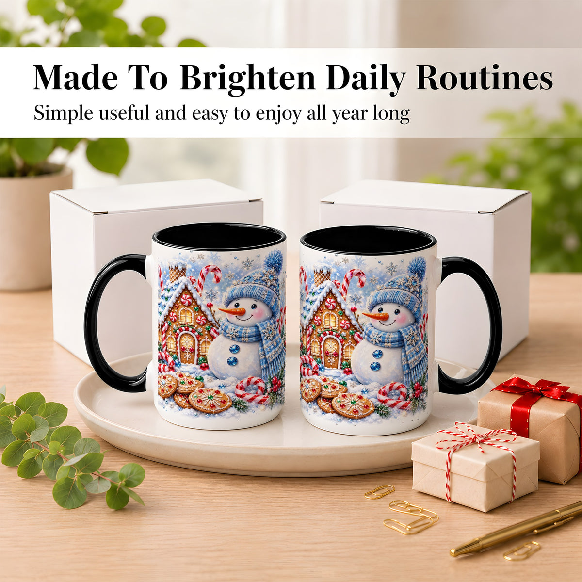 #pl[15oz|Black] Blue Snowman Gingerbread Coffee Mug, Jeweled Winter Mug, Ceramic Cup