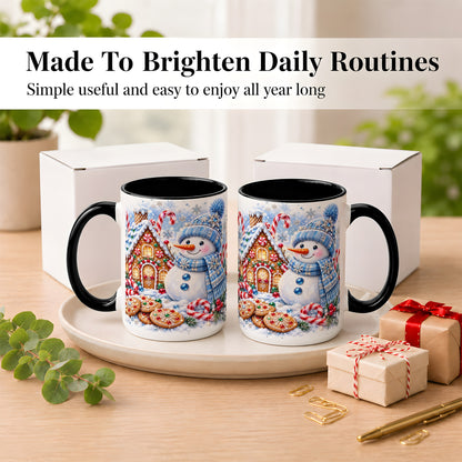#pl[15oz|Black] Blue Snowman Gingerbread Coffee Mug, Jeweled Winter Mug, Ceramic Cup