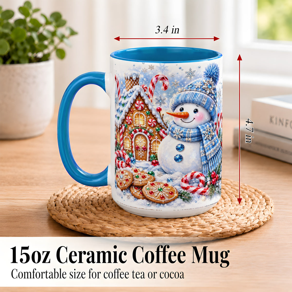#pl[15oz|Blue] Blue Snowman Gingerbread Coffee Mug, Jeweled Winter Mug, Ceramic Cup