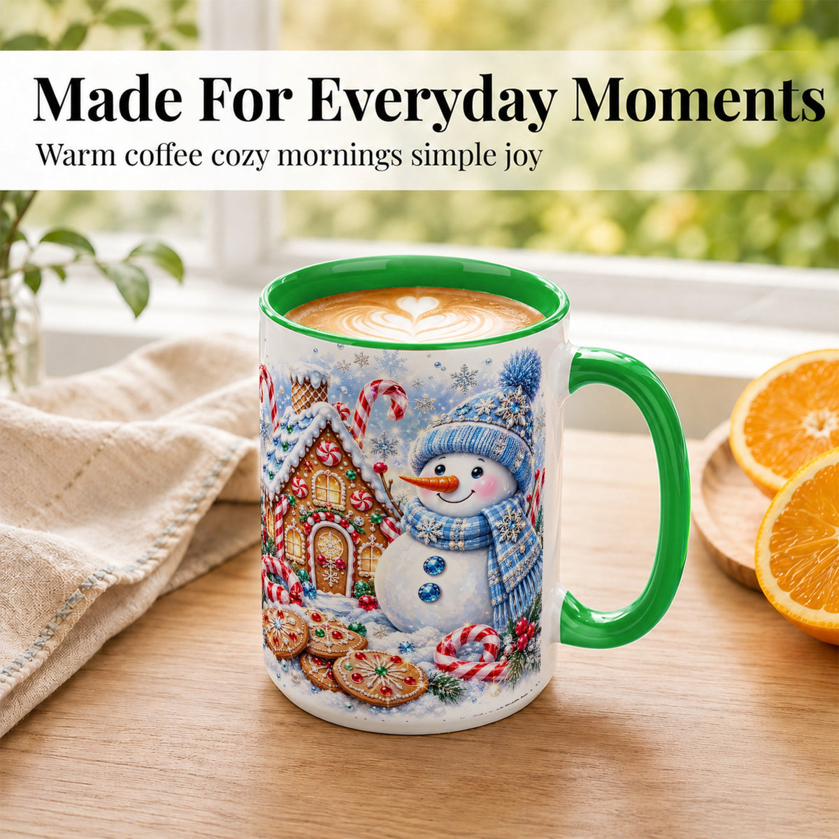 #pl[15oz|Green] Blue Snowman Gingerbread Coffee Mug, Jeweled Winter Mug, Ceramic Cup