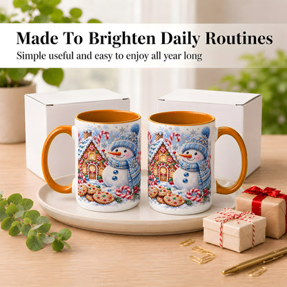 #pl[15oz|Orange] Blue Snowman Gingerbread Coffee Mug, Jeweled Winter Mug, Ceramic Cup