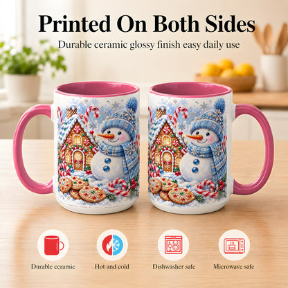 #pl[15oz|Pink] Blue Snowman Gingerbread Coffee Mug, Jeweled Winter Mug, Ceramic Cup