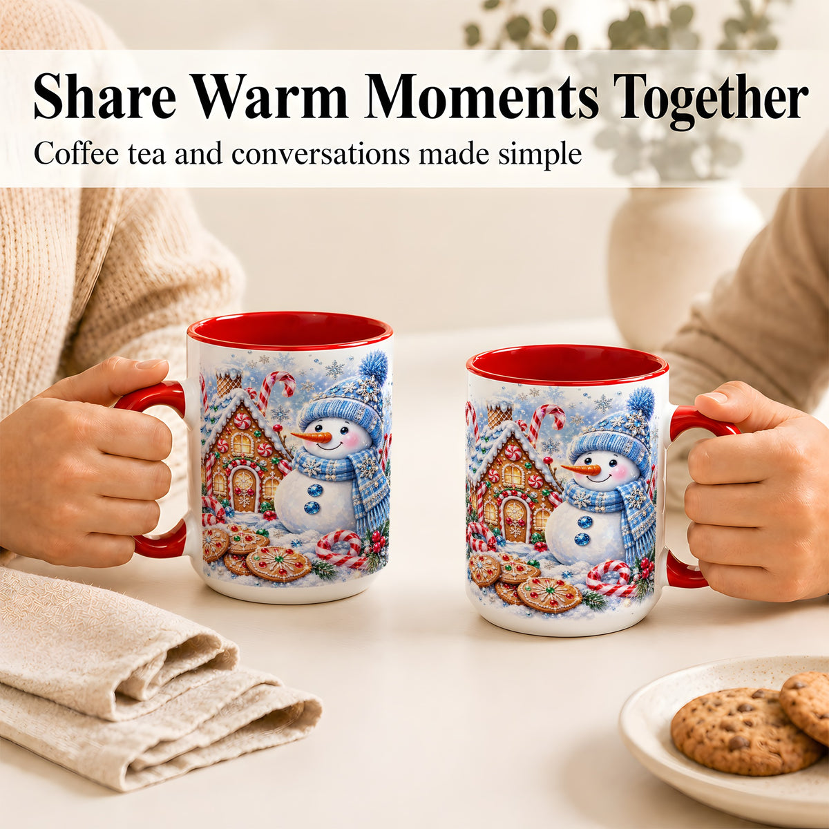 #pl[15oz|Red] Blue Snowman Gingerbread Coffee Mug, Jeweled Winter Mug, Ceramic Cup