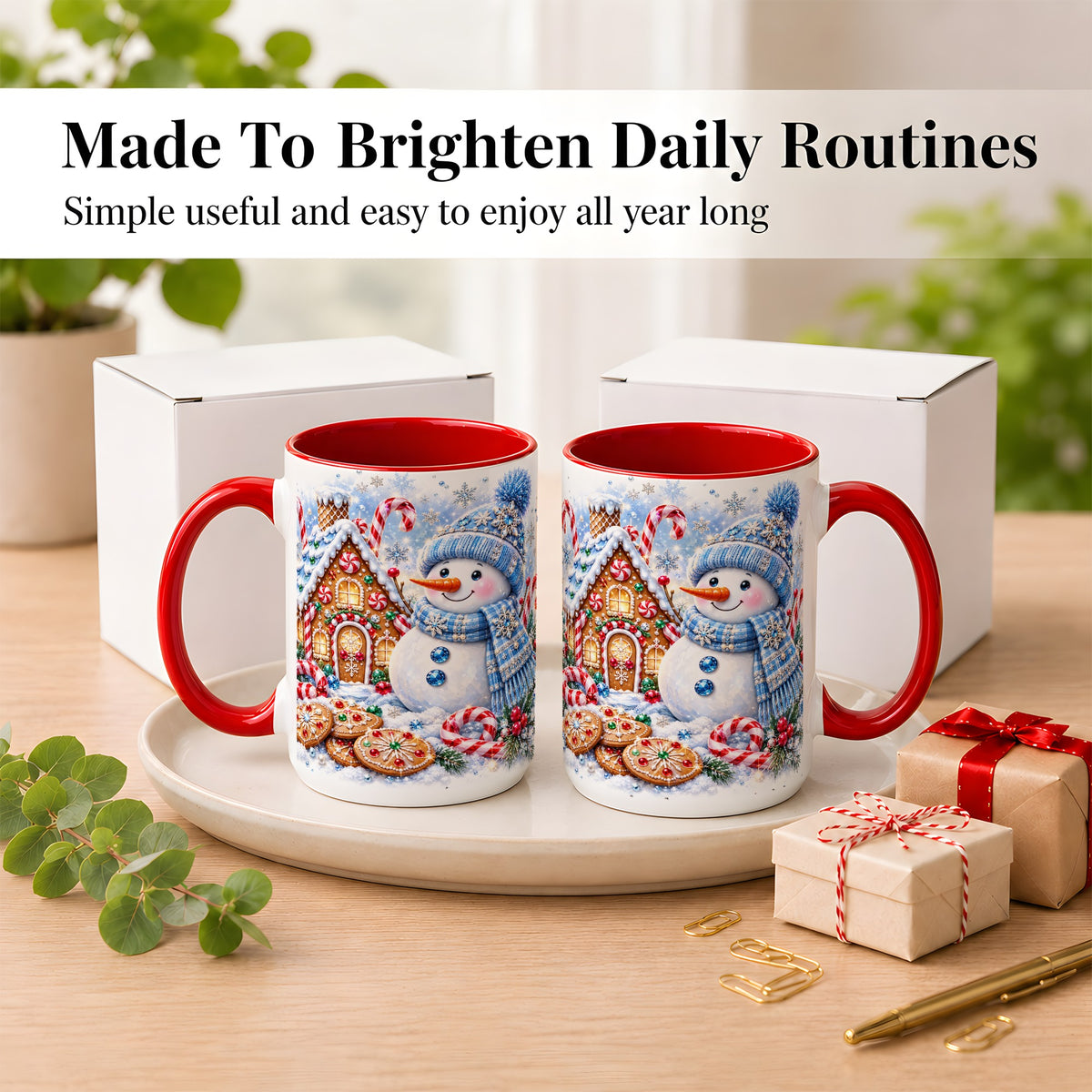#pl[15oz|Red] Blue Snowman Gingerbread Coffee Mug, Jeweled Winter Mug, Ceramic Cup