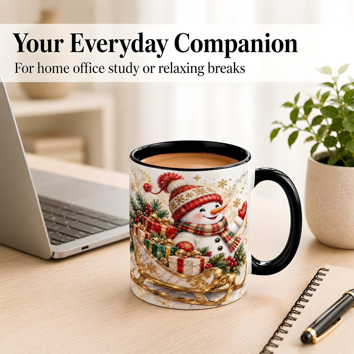 #pl[11oz|Black] Snowman Sleigh Coffee Mug, Holiday Presents Mug, Ceramic Cup