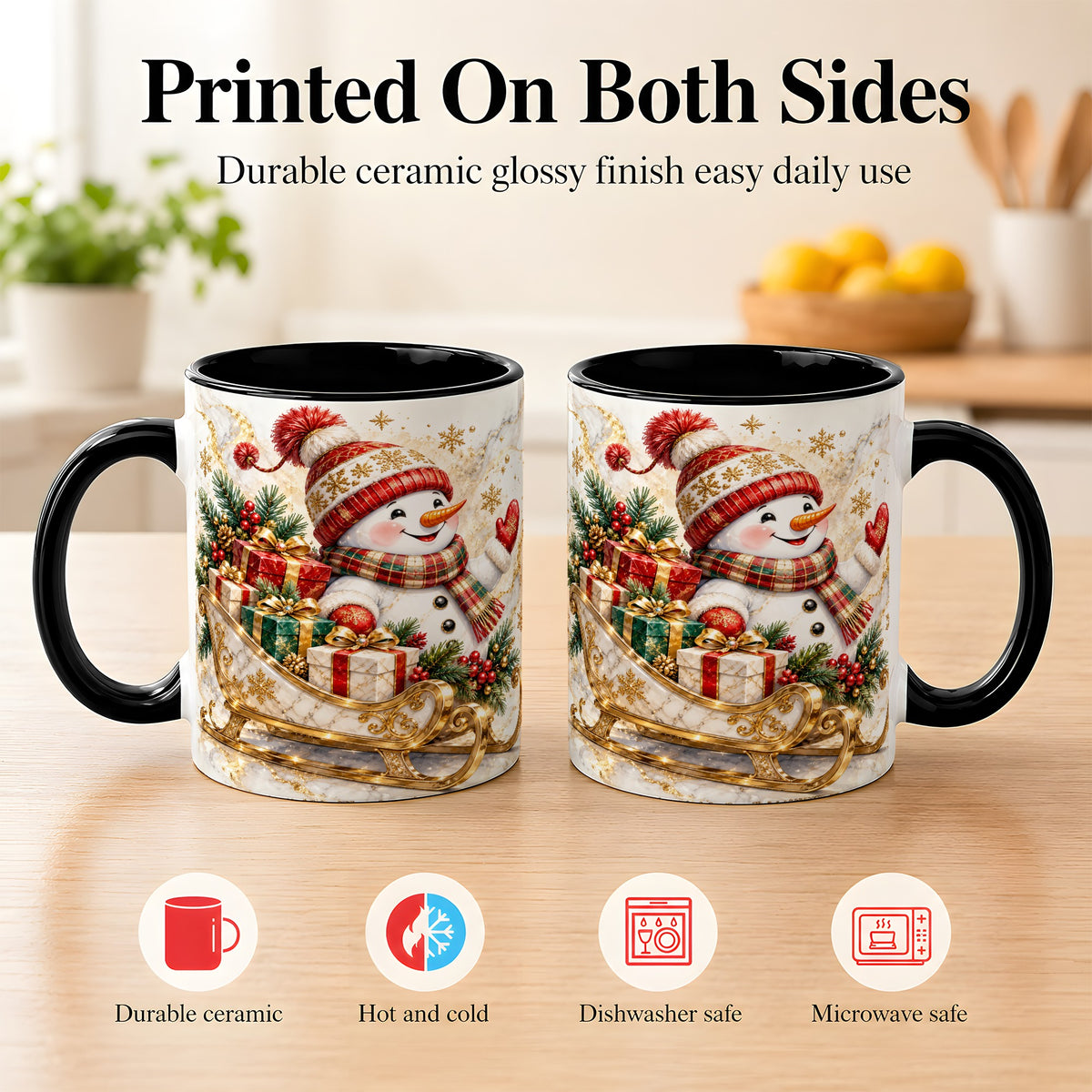 #pl[11oz|Black] Snowman Sleigh Coffee Mug, Holiday Presents Mug, Ceramic Cup