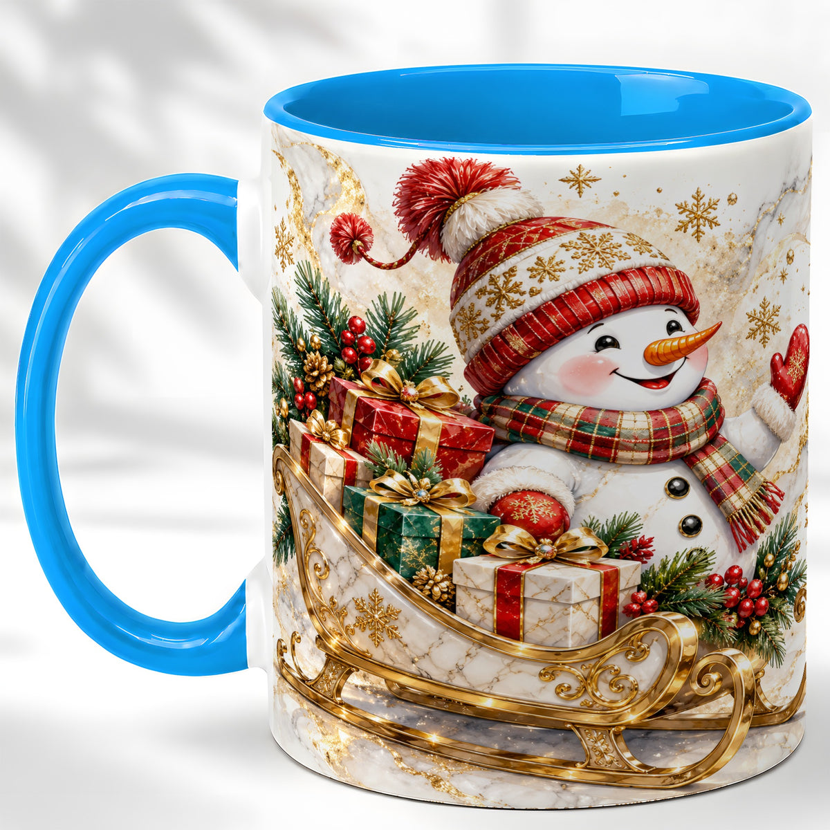 #pl[11oz|Blue] Snowman Sleigh Coffee Mug, Holiday Presents Mug, Ceramic Cup