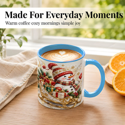 #pl[11oz|Blue] Snowman Sleigh Coffee Mug, Holiday Presents Mug, Ceramic Cup