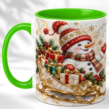 #pl[11oz|Green] Snowman Sleigh Coffee Mug, Holiday Presents Mug, Ceramic Cup