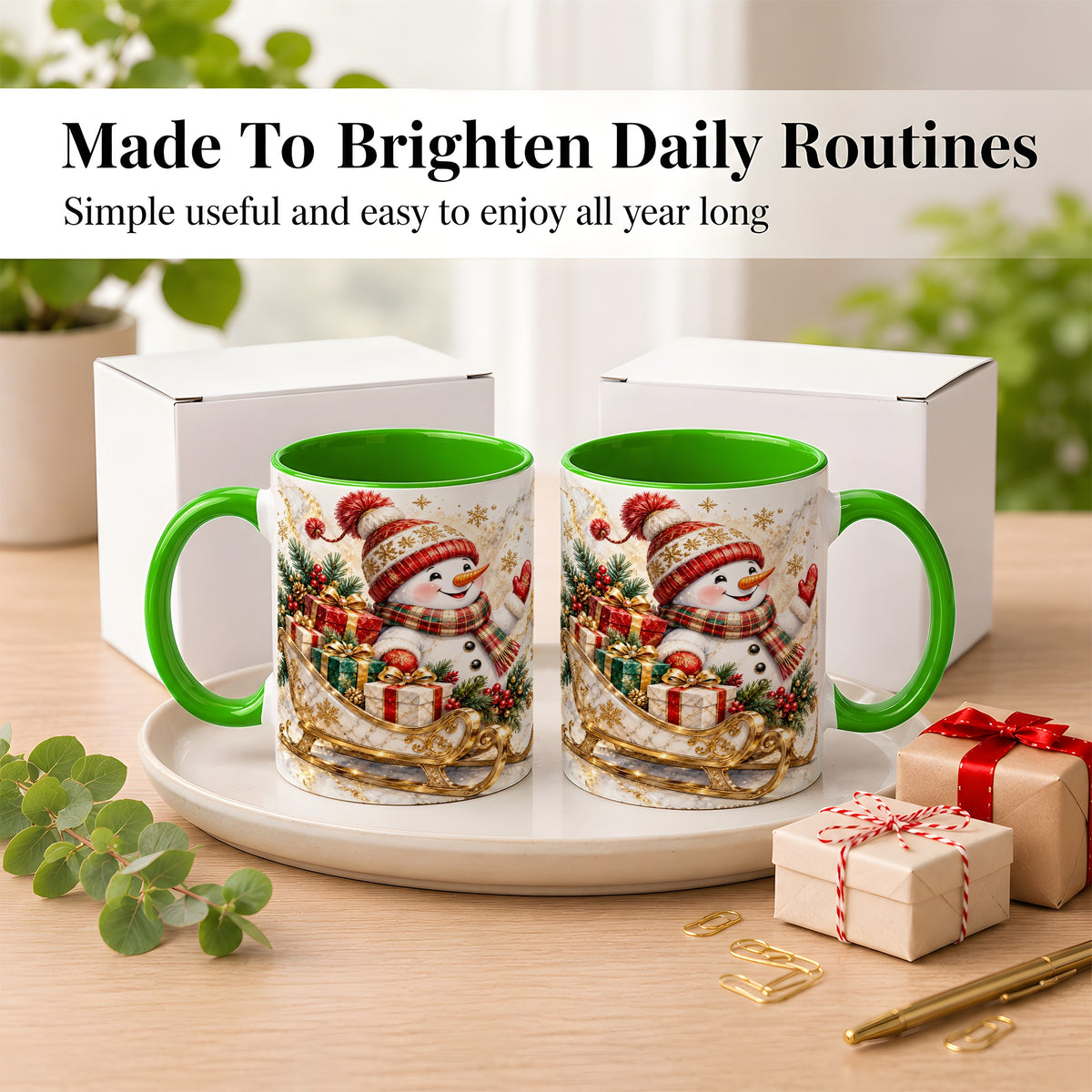 #pl[11oz|Green] Snowman Sleigh Coffee Mug, Holiday Presents Mug, Ceramic Cup