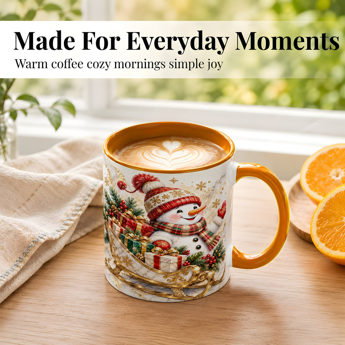 #pl[11oz|Orange] Snowman Sleigh Coffee Mug, Holiday Presents Mug, Ceramic Cup