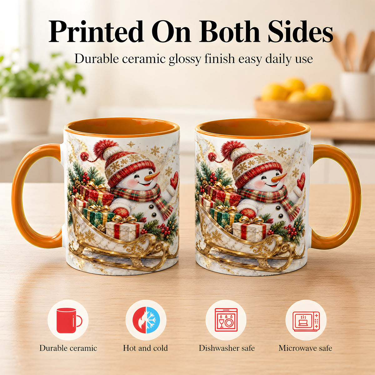 #pl[11oz|Orange] Snowman Sleigh Coffee Mug, Holiday Presents Mug, Ceramic Cup