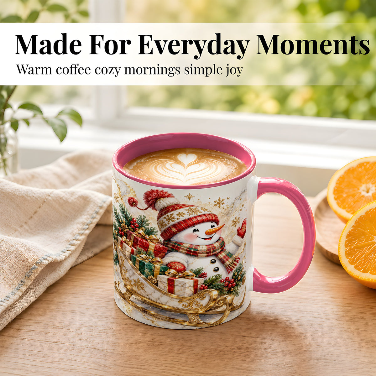 #pl[11oz|Pink] Snowman Sleigh Coffee Mug, Holiday Presents Mug, Ceramic Cup