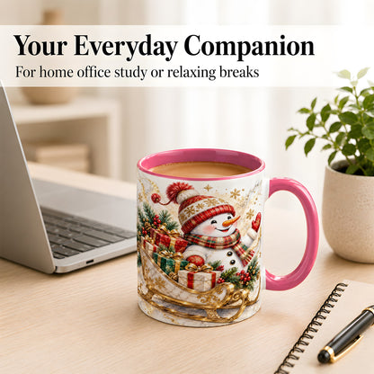 #pl[11oz|Pink] Snowman Sleigh Coffee Mug, Holiday Presents Mug, Ceramic Cup