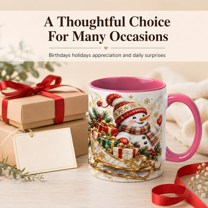 #pl[11oz|Pink] Snowman Sleigh Coffee Mug, Holiday Presents Mug, Ceramic Cup
