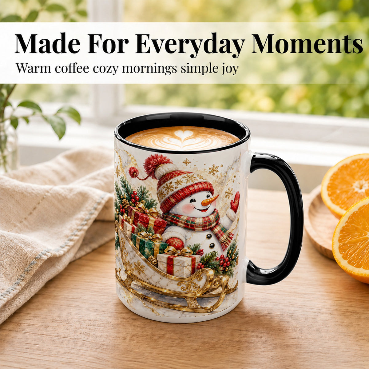 #pl[15oz|Black] Snowman Sleigh Coffee Mug, Holiday Presents Mug, Ceramic Cup