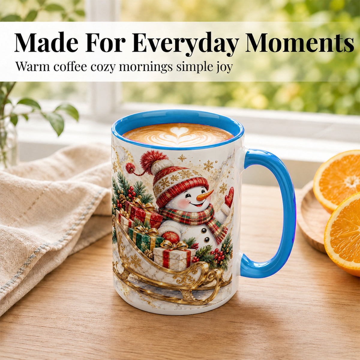 #pl[15oz|Blue] Snowman Sleigh Coffee Mug, Holiday Presents Mug, Ceramic Cup