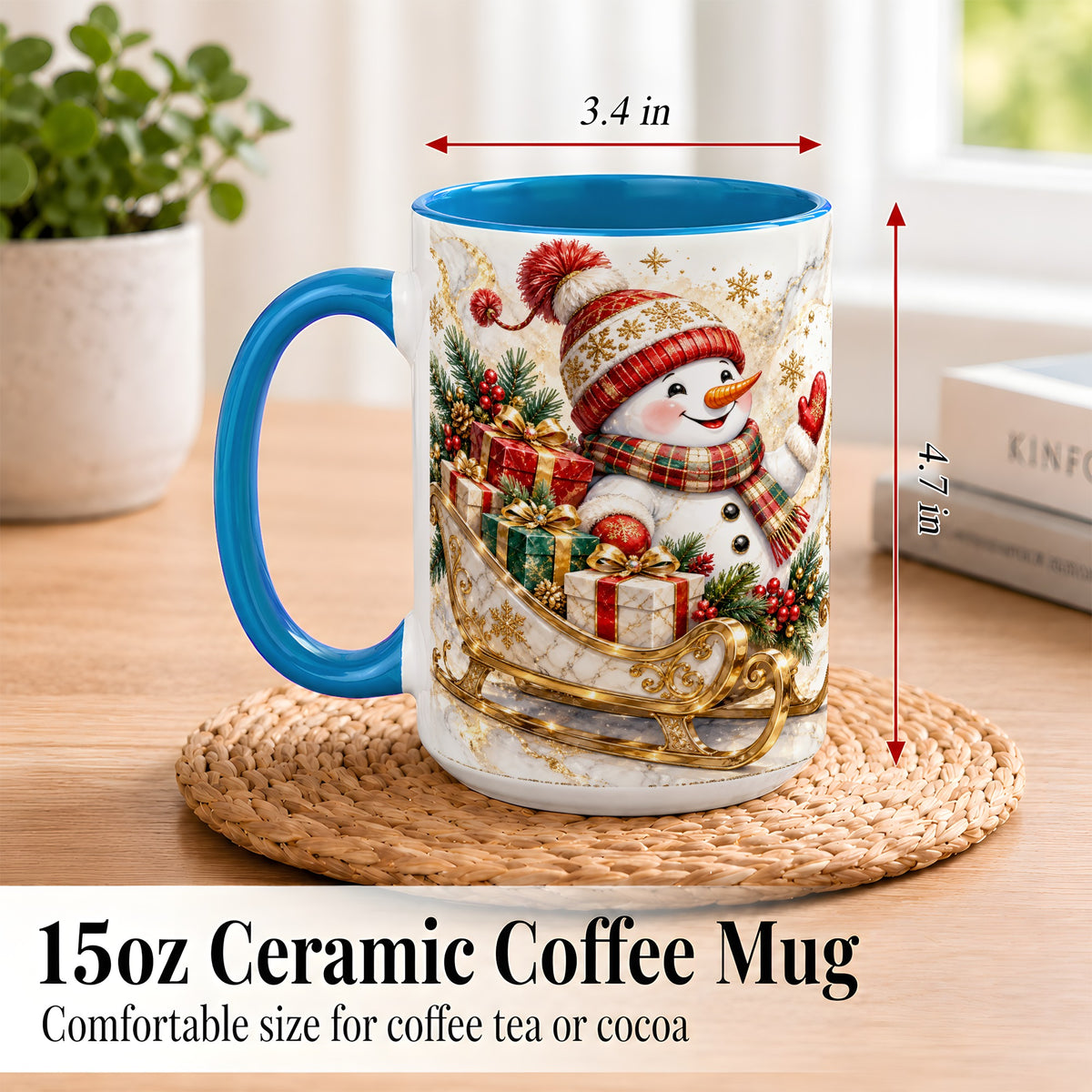 #pl[15oz|Blue] Snowman Sleigh Coffee Mug, Holiday Presents Mug, Ceramic Cup