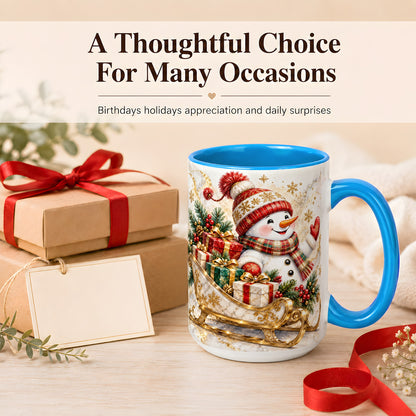 #pl[15oz|Blue] Snowman Sleigh Coffee Mug, Holiday Presents Mug, Ceramic Cup