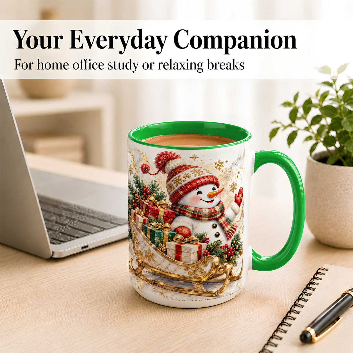 #pl[15oz|Green] Snowman Sleigh Coffee Mug, Holiday Presents Mug, Ceramic Cup