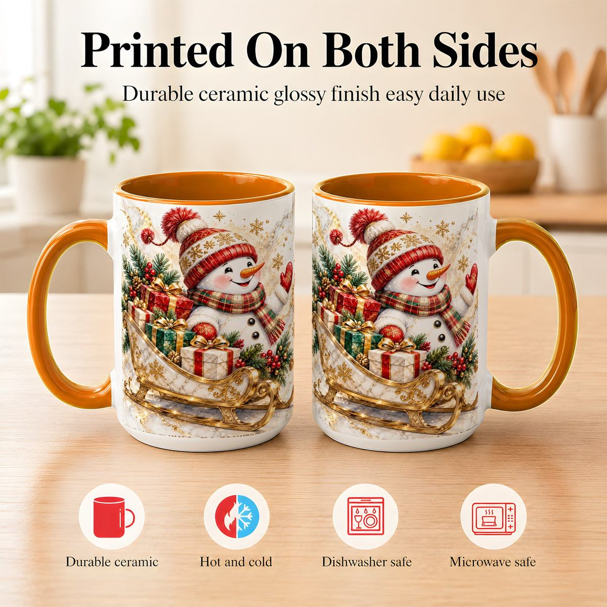 #pl[15oz|Orange] Snowman Sleigh Coffee Mug, Holiday Presents Mug, Ceramic Cup