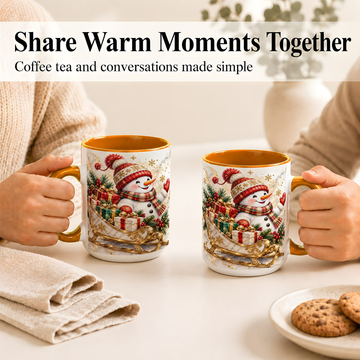 #pl[15oz|Orange] Snowman Sleigh Coffee Mug, Holiday Presents Mug, Ceramic Cup