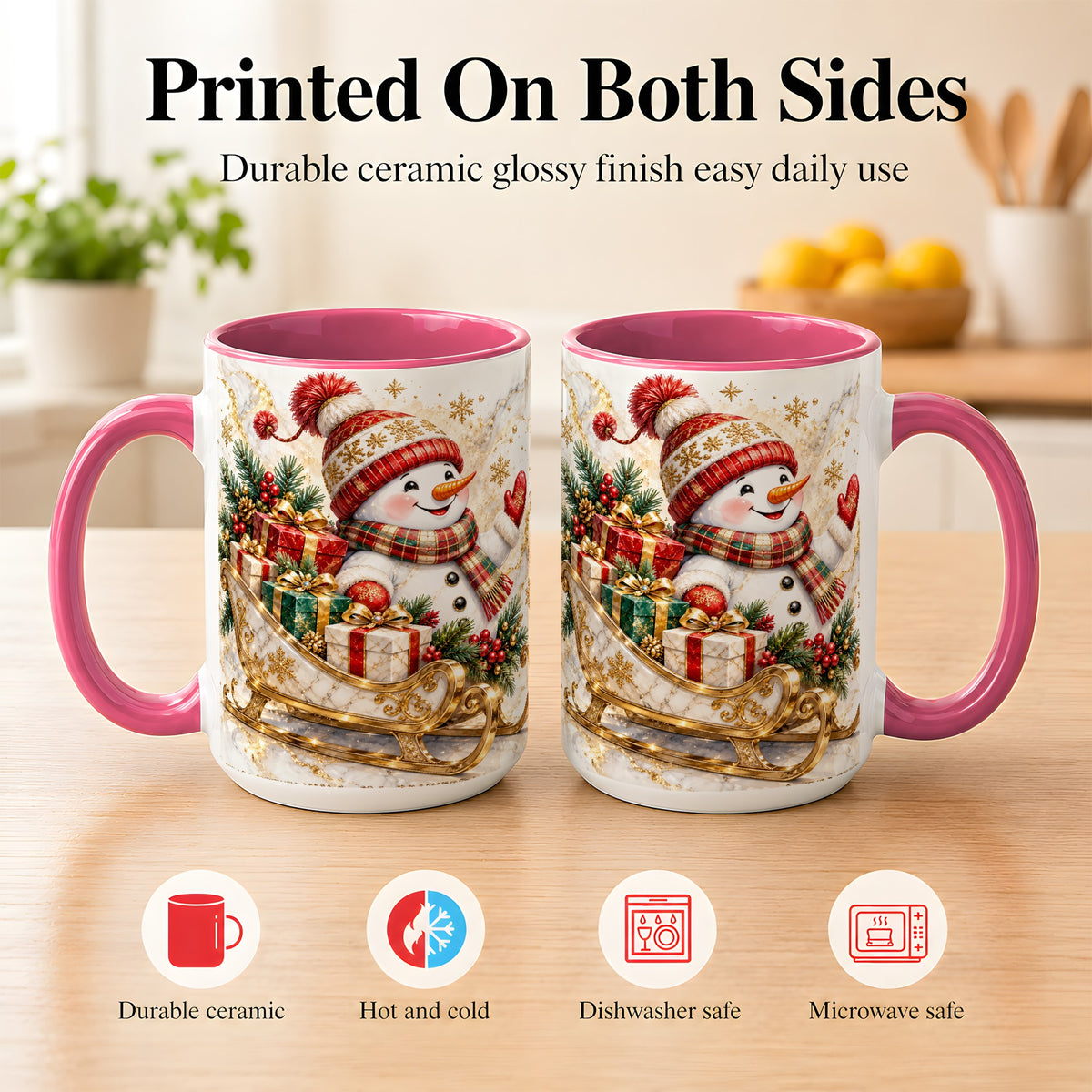 #pl[15oz|Pink] Snowman Sleigh Coffee Mug, Holiday Presents Mug, Ceramic Cup