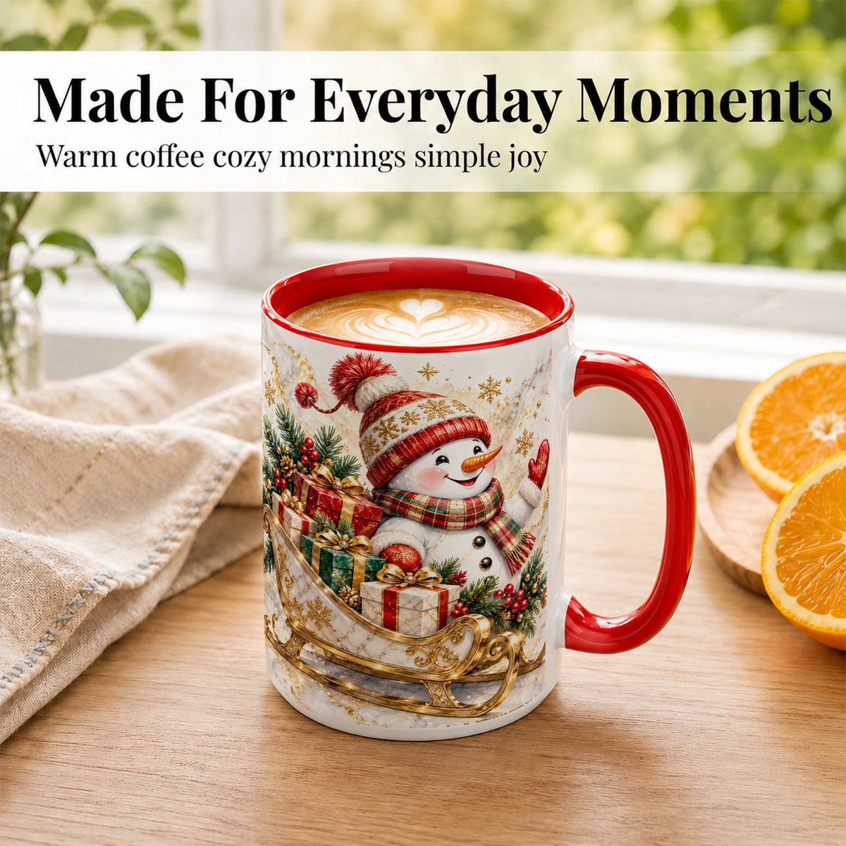 #pl[15oz|Red] Snowman Sleigh Coffee Mug, Holiday Presents Mug, Ceramic Cup