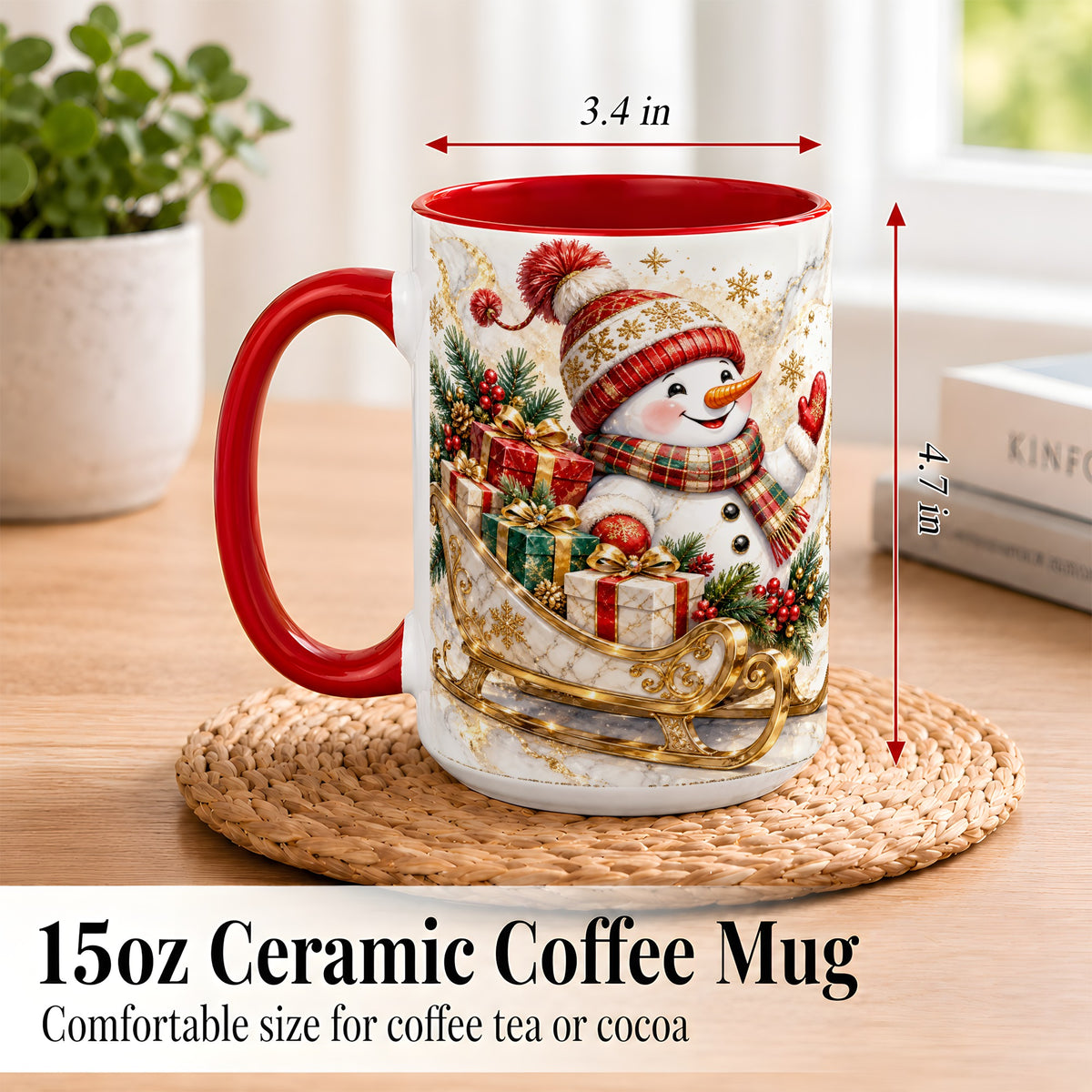 #pl[15oz|Red] Snowman Sleigh Coffee Mug, Holiday Presents Mug, Ceramic Cup