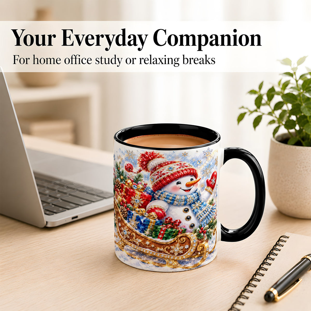 #pl[11oz|Black] Christmas Snowman Coffee Mug, Sleigh Snowman Mug, Ceramic Cup